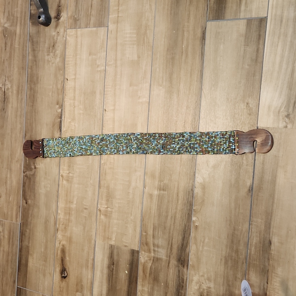 Beaded stretchy belt with wooden clasp closure Boho Festival 70's Hippie - Picture 8 of 10